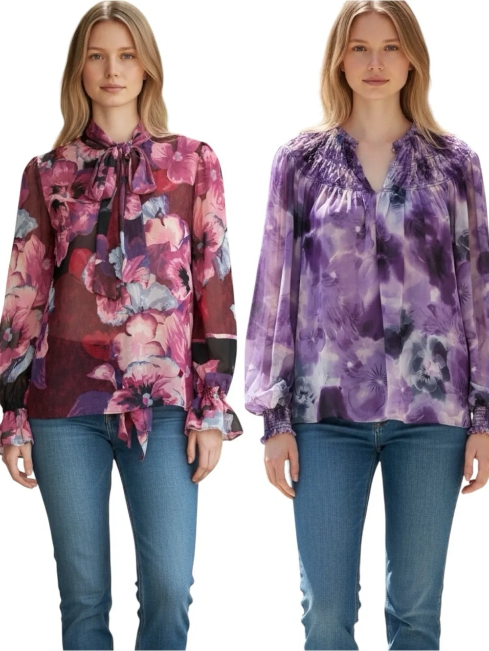 WHITE HOUSE BLACK MARKET Purple Floral Long Sleeve Smocked Blouse XS